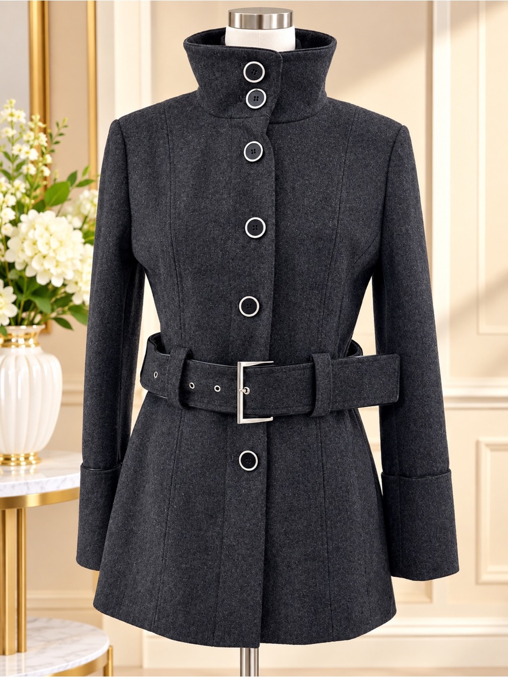 Jones New York Dark Gray Belted Wool-Blend Pea Coat